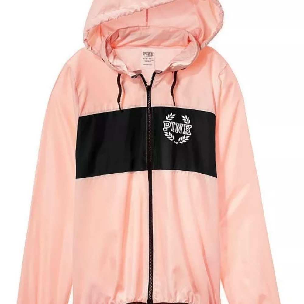 Pink Victorias Secret Pink And Black Hooded Anorak Windbreaker Jacket Size XS/S - Picture 2 of 5